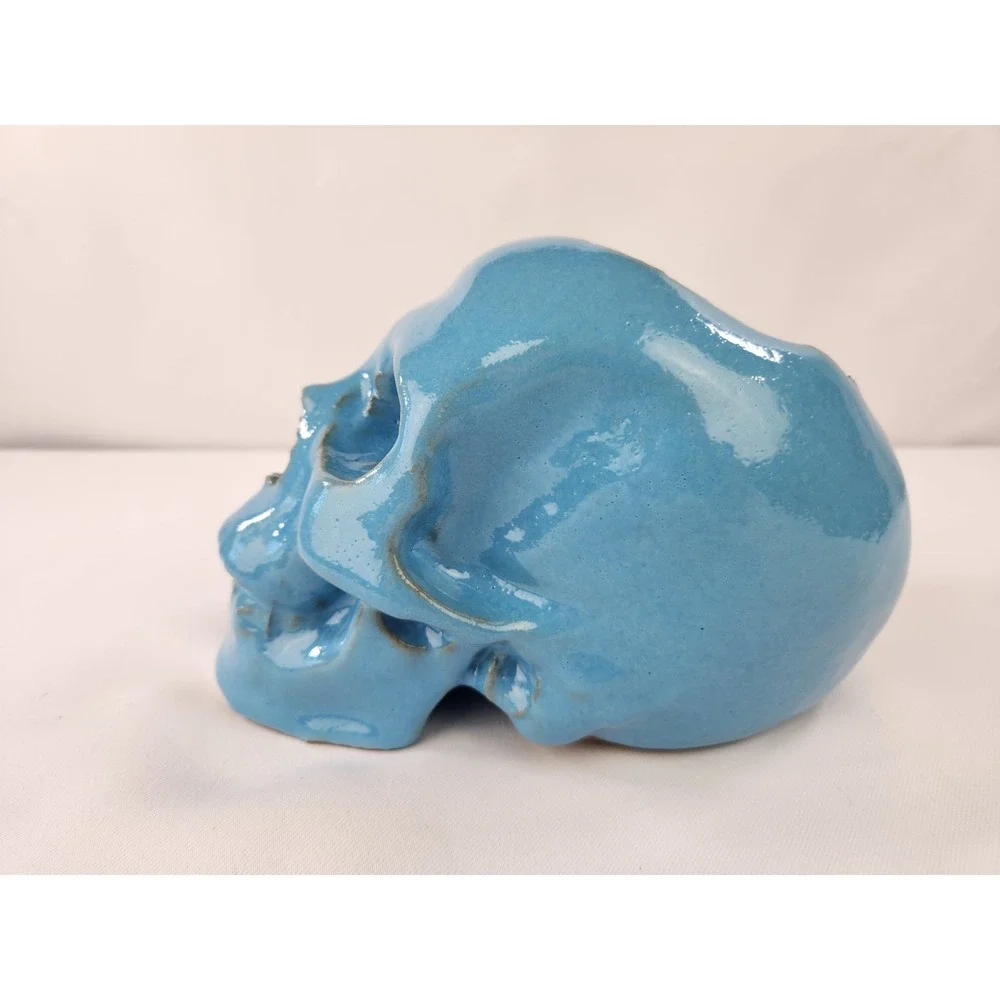 Large Human skull planter pot ceramic Artisan Handmade Art Blue Decor Ohio